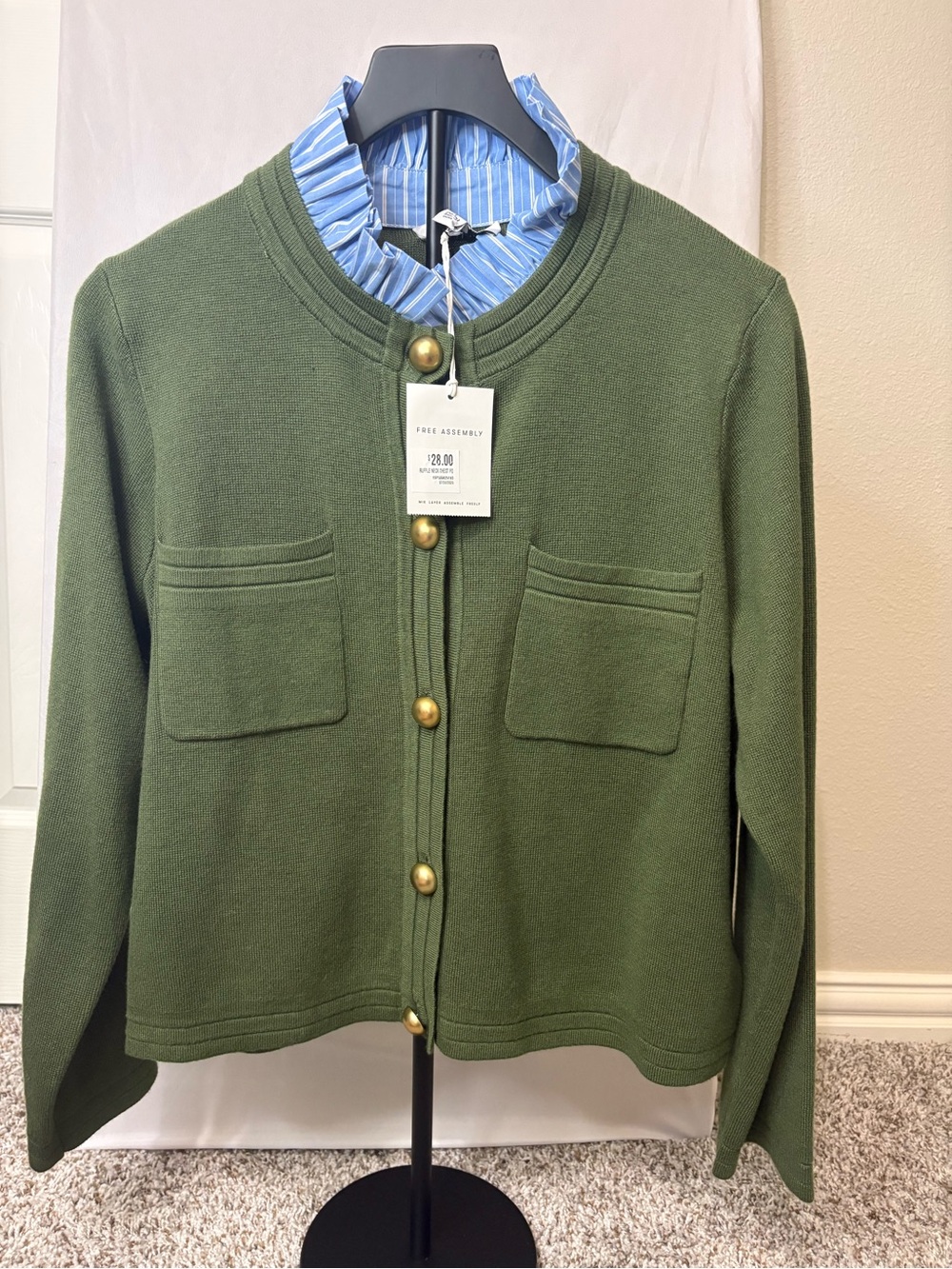 Free Assembly Olive Green Button-Front sweater.